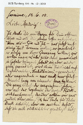Vorschaubild von Brief an Hedwig Lachmann