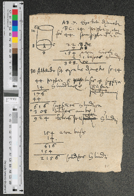 Vorschaubild von [Notizen, Skizze und Berechnungen zum Zylinder, mit Glyphe (12) und Paginierung]