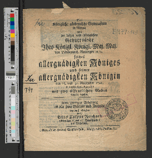 Vorschaubild von Das Königliche akademische Gymnasium in Altona wird die hohen und erfreulichen Geburtsfeste Ihro Königl. Königl. Maj. Maj. von Dännemark, Norwegen [et]c. [et]c. seines allergnädigsten Königes und seiner allergnädigsten Königin den 28. und 30. November 1741. in tiefster Unterthänigkeit mit zwo öffentlichen Reden feyerlich begehen
