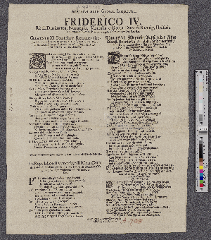 Vorschaubild von Applausi Alle Glorie Immortali Di Friderico IV. Rè di Danimarca, Noruegia, Vandalia, e Gottia, ... Clemente XI. Pontefice Romano supplica & inuita la sacra Maesta di Friderico IV. Re di Danimarca à uenir dà Fiorenza ad illustrar colla sua Real presenza là Città di Roma : Clemens XI. Römischer Papst ladet Ihro Mayest. Friderich den IV. König zu Dennemarck/ und bittet ihn unterthänig/ sich von Florentz zu ihm zu erheben/ und mit seiner königlichen Gegenwart die Stadt Rom zu beehren