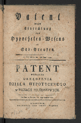 Vorschaubild von Patent wegen Einrichtung des Hypotheken-Wesens in Süd-Preußen