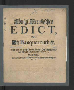 Vorschaubild von Königl. Preußisches Edict, Wider Die Banqueroutirer