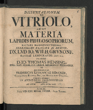 Vorschaubild von Dissertationem De Vitriolo, An Sit Materia Lapidis Philosophorum