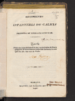 Vorschaubild von Tarifa para la contabilidad de los regimientos de línea y ligeros peninsulares y fijos de infantería del ejército de esta isla de Cuba