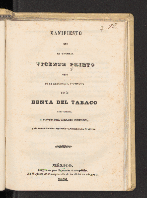 Vorschaubild von Manifiesto que el general Vicente Prieto hace de la importancia y ventajas que la renta del tabaco debe producir a favor del erario público, y de innumerables empleados y personas particulares