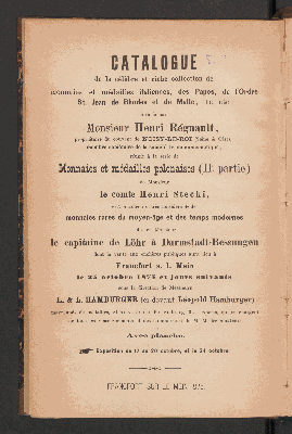 Vorschaubild von Catalog der Sammlung von Mittelalter- und modernen Münzen und Medaillen des sel. Herrn Hauptmann v. Löhr in Darmstadt-Bessungen; ferner d. bedeut. Samml. poln. Münzen d. Herrn Grafen Heinrich Stecki ...