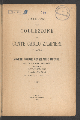 Vorschaubild von Catalogo della collezione del conte Carlo Zampieri d'Imola