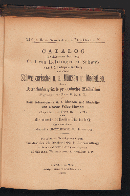 Vorschaubild von Catalog der Sammlung des Herrn Carl von Hettlingen in Schwyz (aus J. C. Hedlinger's Nachlass)
