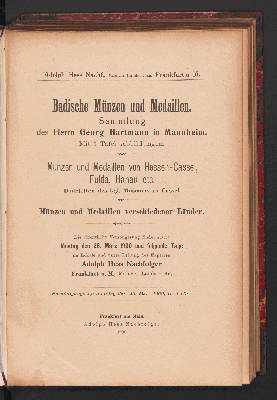 Vorschaubild von Badische Münzen und Medaillen Sammlung des Georg Hartmann in Mannheim