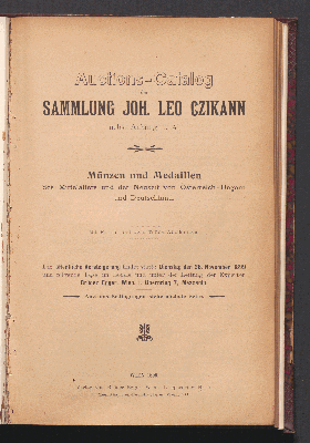 Vorschaubild von Auctions-Catalog der Sammlung Joh. Leo Czikann nebst Anhang u. A.
