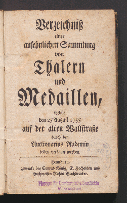 Vorschaubild von Verzeichniß einer ansehnlichen Sammlung von Thalern und Medaillen...