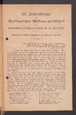 Vorschaubild von 85. Jahresbericht der Norddeutschen Missions-Gesellschaft mit Zahlenschau und Jahresrechnung für das Jahr 1920