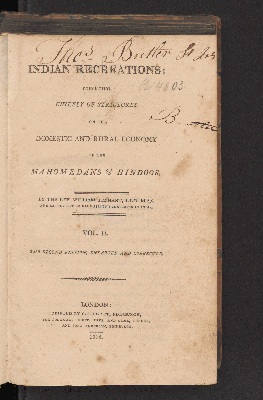 Vorschaubild von [Indian recreations: containing chiefly of strictures on the domestic and rural economy of the Mahomedans and Hindoos]