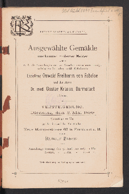 Vorschaubild von Ausgewählte Gemälde anerkannter moderner Meister welche u. A. die Sammlungen zu München verstorbenen königl. sächsischen Gesandten wirkl. Geheimrath Excellenz Oswald Freiherrn von Fabrice und des Herrn Dr. med. Gustav Krauss, Darmstadt bildeten