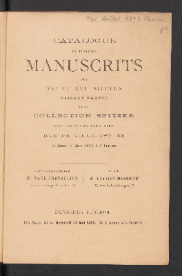 Vorschaubild von [Catalogue des objets d'art et de haute curiosité antiques, du moyen-âge et de la renaissance composant la ... Collection Spitzer, dont la vente publique aura lieu à Paris]