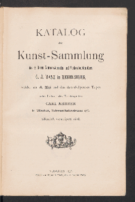 Vorschaubild von Katalog der Kunst-Sammlung des Herrn Kommerzienraths G. J. Manz in Regensburg