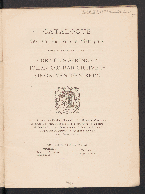 Vorschaubild von Sucessions artistiques des peintres-artistes Cornelis Springer, Johan Conrad Greive jr. Simon van den Berg