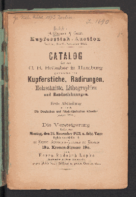 Vorschaubild von Katalog der von C. B. Bruesaber in Hamburg gesammelten Kupferstiche, Radierungen, Holzschnitte, Lithographien und Handzeichnungen