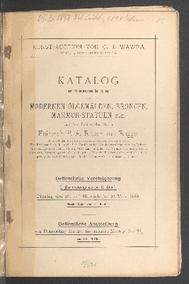 Vorschaubild von Katalog der hinterlassenen Sammlung von modernen Ölgemälden, Broncen, Marmor-Stauen etc. aus dem Besitze des Herrn Heinrich F. A. Ritter von Rogge