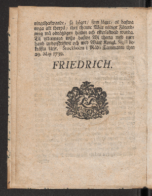 Vorschaubild von [Kongl. May.tz nådiga Förordning angaende theras straff, som efter ett aers förlopp iftranthen 19. i ... utrikes spunnen Tobak ... Gifwen Stockholm i Raed-Cammaren then 29. Maii 1739]