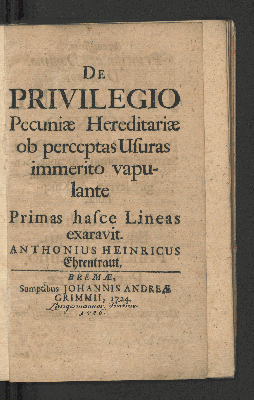 Vorschaubild von De Privilegio Pecuniæ Hereditariæ ob perceptas Usuras immerito vapulante