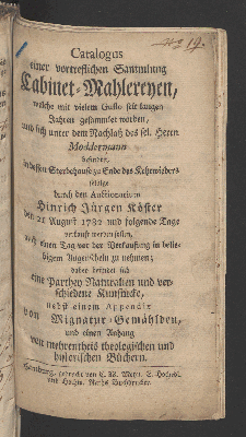 Vorschaubild von Catalogus einer vortreflichen Sammlung Cabinet-Mahlereyen, welche mit vielem Gusto seit langen Jahren gesammlet worden, und sich unter dem Nachlaß des sel. Herrn Moddermann befinden ...