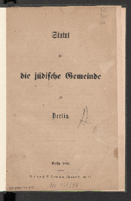 Vorschaubild von Statut für die jüdische Gemeinde zu Berlin