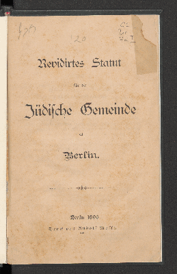 Vorschaubild von Revidirtes Statut für die jüdische Gemeinde zu Berlin