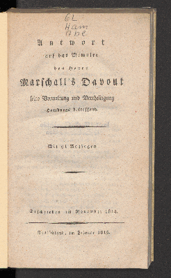 Vorschaubild von Antwort auf das Memoire des Herrn Marschalls Davout seine Verwaltung und Vertheidigung Hamburgs betreffend