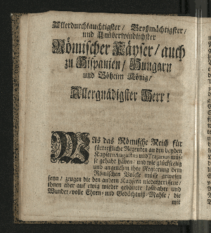 Vorschaubild von [Der die Vestung Siebenbürgisch-Weissenburg erobernde und über die Dacier triumphirende Kayser Trajanus, Wurde/ An dem theuren Carols- und Nahmenstage/ Jhro Röm. Kayserl. und Cathol. Majestät/ ... Wegen des andern/ unter Helden-müthiger Anführung Ihro Durchl. des Printzen Eugenius, über die Türcken befochtenen Sieges/ und darauf höchst-glücklich erfolgter Eroberung der Vestung Griechisch-Weissenburg/ oder Belgrad, Zu Bezeugung der allerunterthänigsten hierob geschöpfften Freude/ in einem dazu verfertigten Sing-Spiele/ und deßwegen errichteter Ehren-Pforte/ Auf dem Hamburgischen Schau-Platz/ fürgestellet/ Jm Monath November/ 1717.]