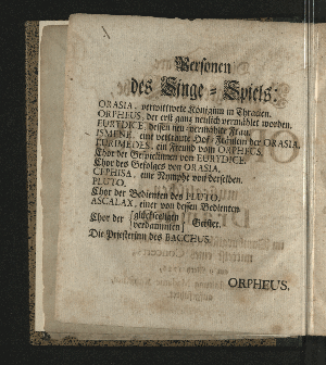 Vorschaubild von [Die wunderbare Beständigkeit der Liebe, oder Orpheus; in einem musicalischen Dramate im Hamburgischen Opern-Hause, vermittelst eines Concerts, am 9 Mertz 1726, durch Veranstaltung Madame Kayserinn, aufgefuehret]