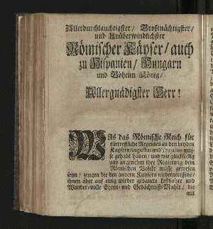 Vorschaubild von [Der die Vestung Siebenbürgisch-Weissenburg erobernde und über die Dacier triumphirende Kayser Trajanus, Wurde/ An dem theuren Carols- und Nahmenstage/ Ihro Röm. Kayserl. und Cathol. Majestät/ ... Wegen des andern/ unter Helden-müthiger Anführung Ihro Durchl. des Printzen Eugenius, über die Türcken befochtenen Sieges/ und darauf höchst-glücklich erfolgter Eroberung der Vestung Griechisch-Weissenburg/ oder Belgrad, Zu Bezeugung der allerunterthänigsten hierob geschöpfften Freude/ in einem dazu verfertigten Sing-Spiele/ und deßwegen errichteter Ehren-Pforte/ Auf dem Hamburgischen Schau-Platz/ fürgestellet/ Im Monath November/ 1717.]