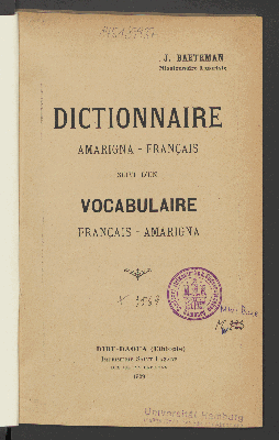 Vorschaubild von Dictionnaire Amarigna-Français, suivi d'un vocabulaire Français-Amarigna