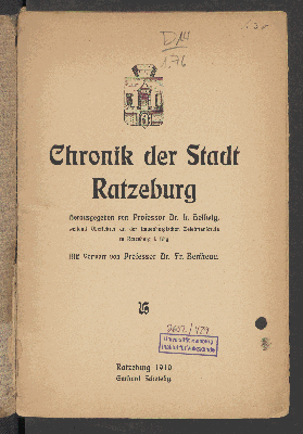 Vorschaubild von Chronik der Stadt Ratzeburg