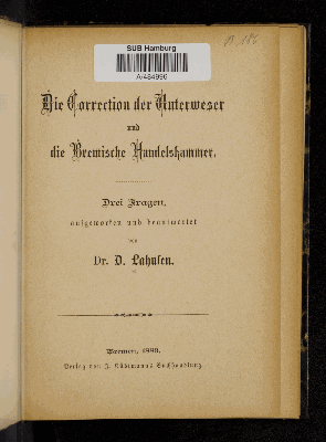 Vorschaubild von Die Correction der Unterweser und die Bremische Handelskammer