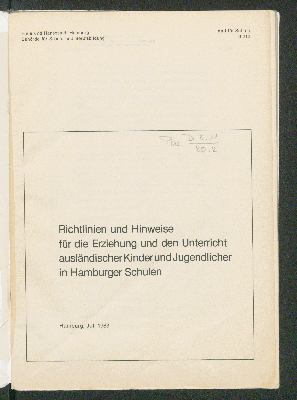 Vorschaubild von Richtlinien und Hinweise für die Erziehung und den Unterricht ausländischer Kinder und Jugendlicher in Hamburger Schulen