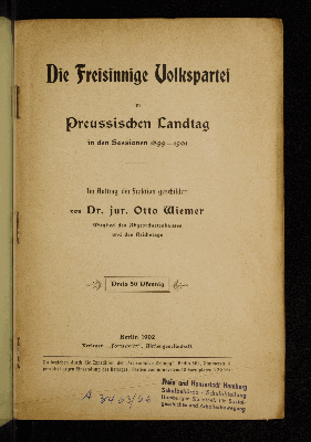 Vorschaubild von Die Freisinnige Volkspartei im Preussischen Landtag in den Sessionen 1899 - 1901