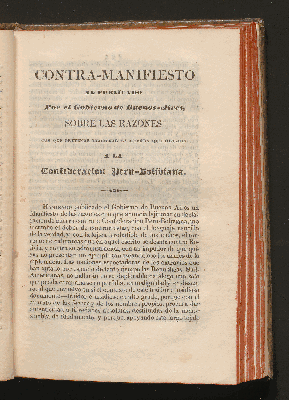 Vorschaubild von Contra-manifiesto al publicado por el gobierno de Buenos-Aires sobre las razones con que pretende lejitimar la guerra que declara a la confederación Peru-Boliviana