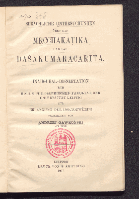 Vorschaubild von Sprachliche Untersuchungen über das Mṛcchakaṭika und das Daśakumāracarita