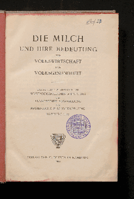 Vorschaubild von Die Milch und ihre Bedeutung für Volkswirtschaft und Volksgesundheit