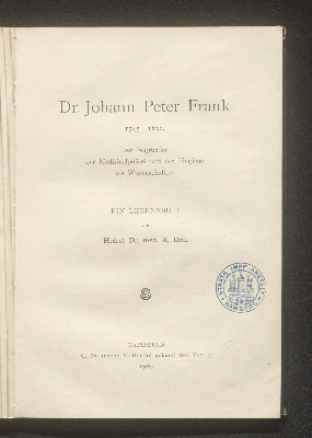 Vorschaubild von Dr. Johann Peter Frank 1745-1821