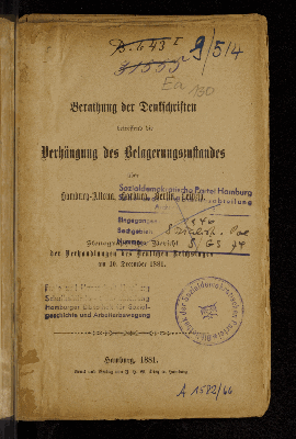 Vorschaubild von Berathung der Denkschriften betreffend die Verhängung des Belagerungszustandes über Hamburg-Altona, Harburg, Berlin, Leipzig