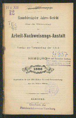 Vorschaubild von [Jahres-Bericht über die Wirksamkeit der Arbeit-Nachweisungs-Anstalt des Vereins zur Vermittelung der Arbeit von 1848 in Hamburg]