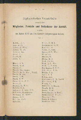 Vorschaubild von Alphabetisches Verzeichniss
sämmtlicher
Mitglieder, Freunde und Beförderer der Anstalt,
welche
im Jahre 1890 zu den Kosten beigetragen haben.