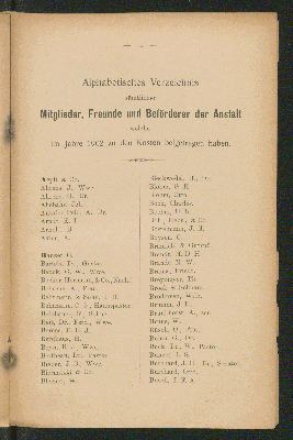 Vorschaubild von Alphabetisches Verzeichnis
sämmtlicher
Mitglieder, Freunde und Beförderer der Anstalt
welche im Jahre 1902 zu den Kosten beigetragen haben.