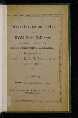 Vorschaubild von Abhandlungen und Reden von Rabbi Jackob Ettlinger
