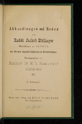 Vorschaubild von [Abhandlungen und Reden von Rabbi Jackob Ettlinger]