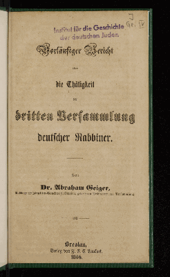 Vorschaubild von Vorläufiger Bericht über die Thätigkeit der dritten Versammlung deutscher Rabbiner