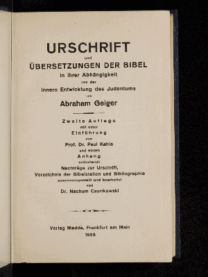 Vorschaubild von Urschrift und Übersetzungen der Bibel in ihrer Abhängigkeit von der innern Entwicklung des Judentums