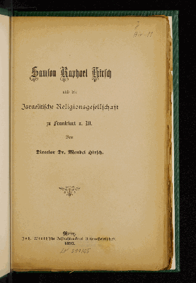 Vorschaubild von Samson Raphael Hirsch und die Israelitische Religionsgesellschaft zu Frankfurt a.M.